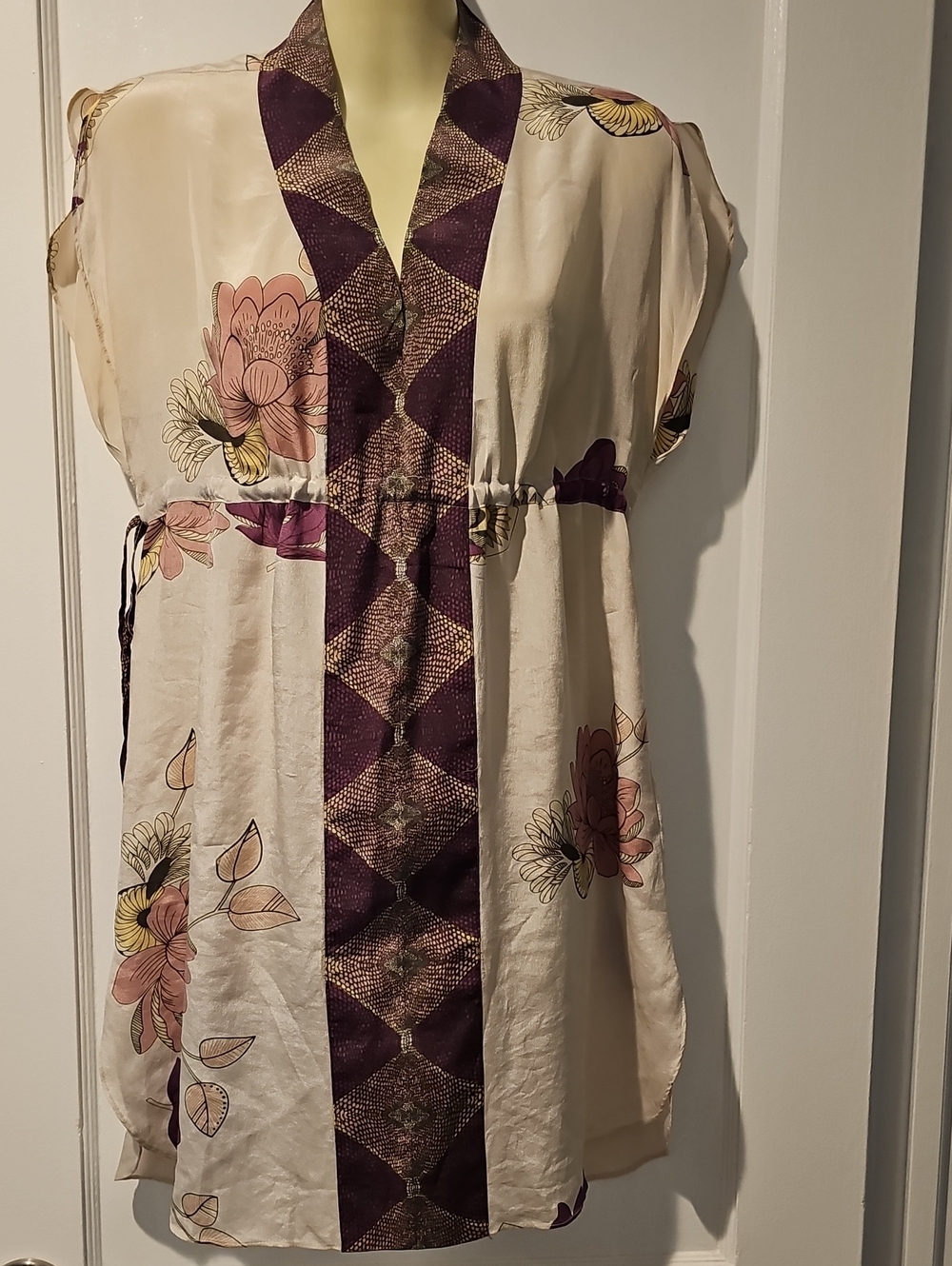 Cream Floral Tunic with Plum Diamond Trim